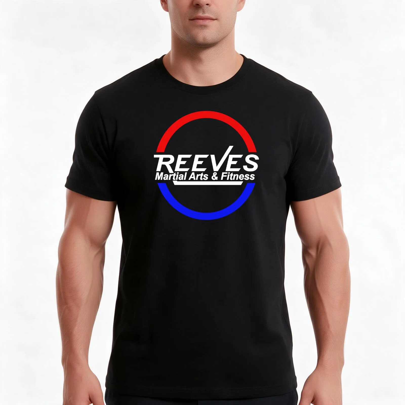 Reeves Martial Arts & Fitness White Logo T-Shirt, Summer Casual Cotton Tee, Oversized Streetwear Tops, Vintage Graphic Print