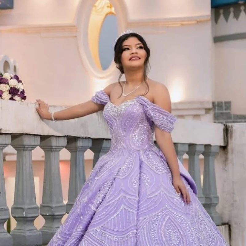 

Shiny Purple Quinceanera Dress off-shoulder glitter Decal Long tail layering Big Bow Vestidos De 15 Quinceanera ﻿Customize