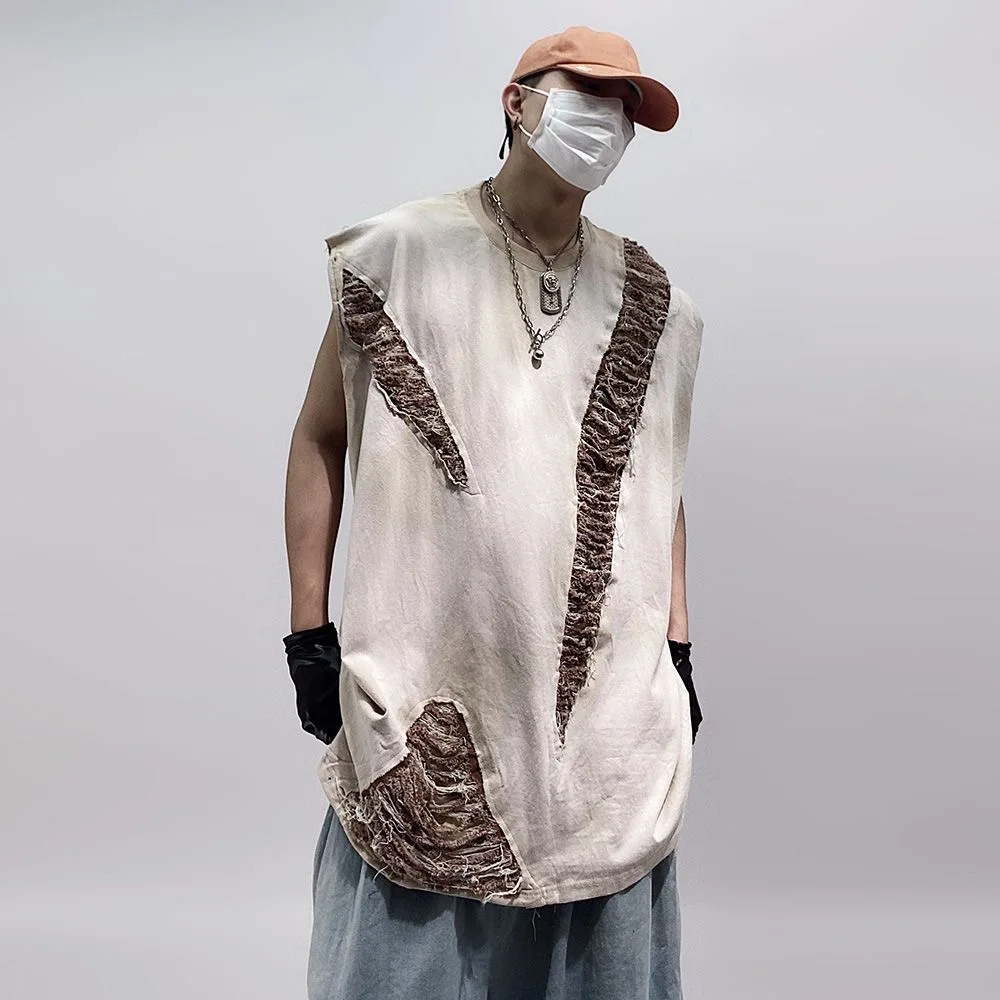 Hip Hop Oversize Washed Sleeveless T-Shirt Vintage Streetwear Hole Ripped Patch T Shirt Men Summer Tshirt Cotton Tops