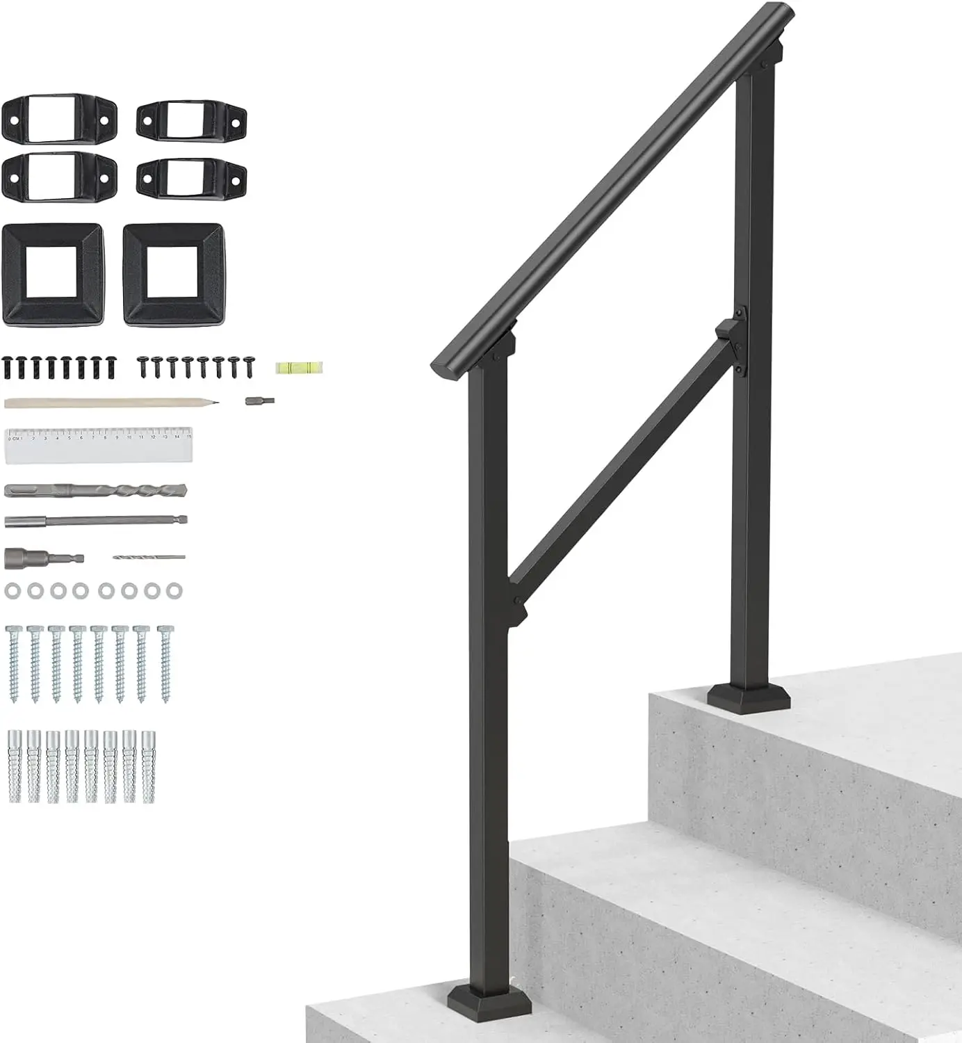

Outdoor Step Handrail Kit for Seniors, 2-Step Stair Rail with Installation Tools, Black Square Tube for Concrete Steps & Porch