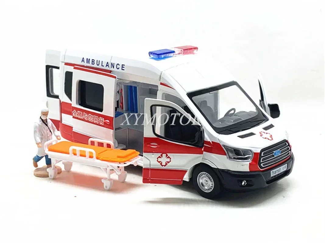 

1/35 CaiPo Ford Transit Van Cargo MPV ambulance Diecast Model Toys Car Boys Girls Kids Gifts Toys White pull back sound light