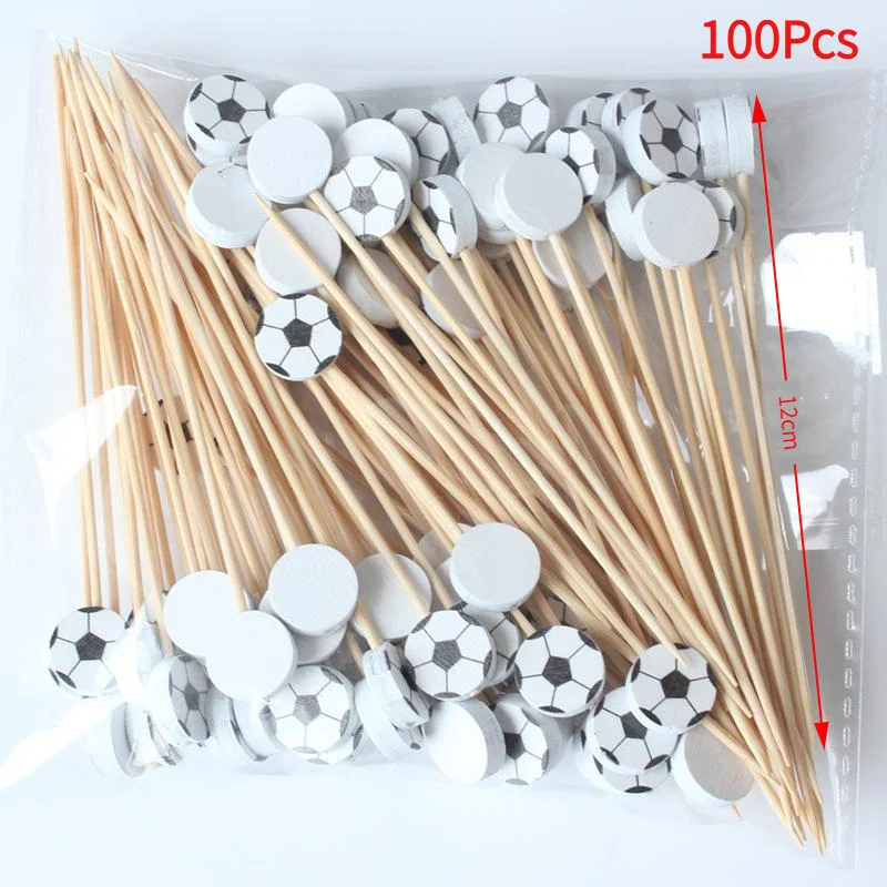 100Pcs Soccer Bamboo Skewers Disposable Food Fruit Picks Kids Football Birthday Party Cake Topper Buffet Cocktail Fork Sticks.