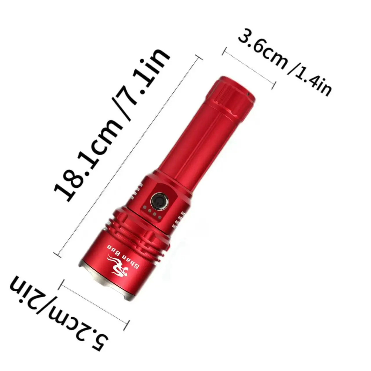 Shan Bao Red Outdoor Camping Ultra-bright Powerful Sturdy Zoomable Flashlight Includes 3000mAh battery No focus lens
