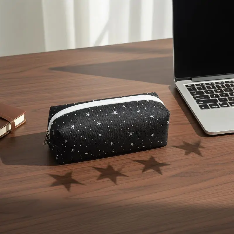Multicolor Star‑Print Canvas Pencil Case, Large‑Capacity Zippered Multi‑Functional Pen Pouch, Portable Cosmetic Storage Bag