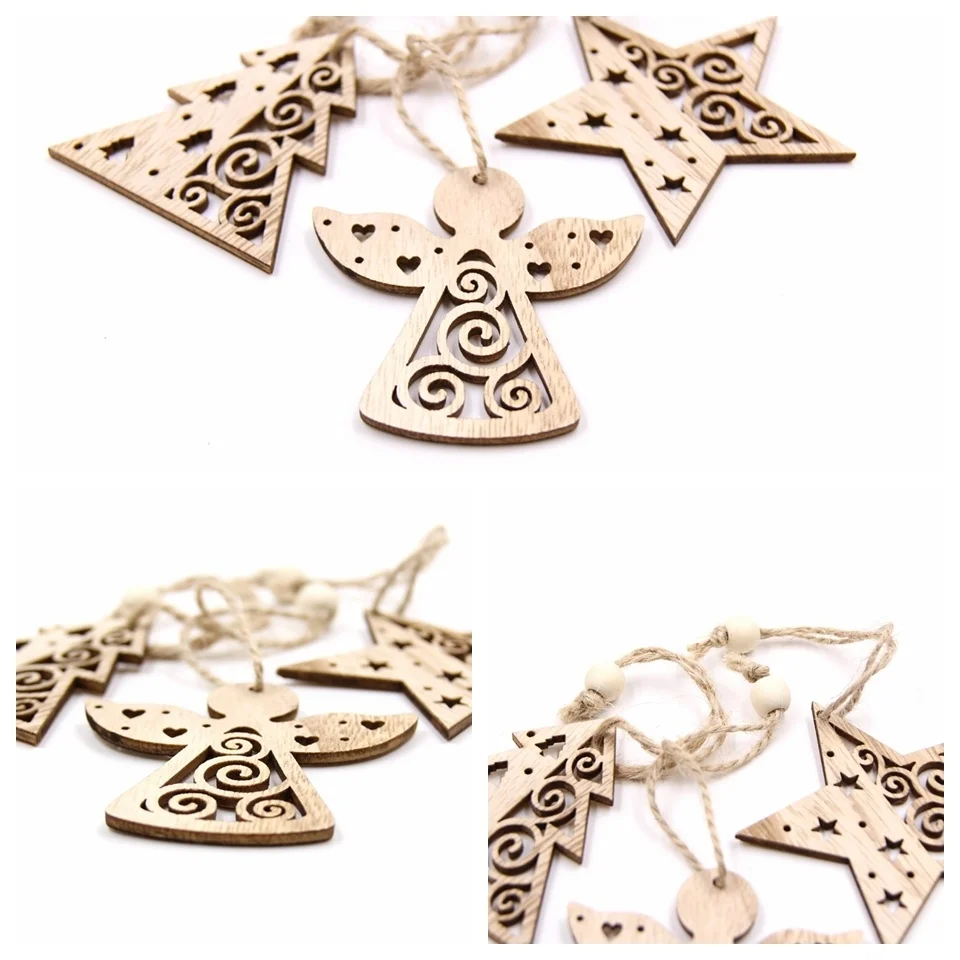 12PCS/Box Wooden Christmas Pendants Hollow Tree/Star/Angel Hanging Ornaments for Xmas Tree Decorations Kids DIY Painting Crafts