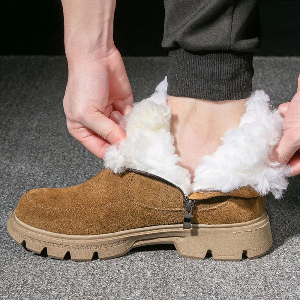 

Luxury Cowhide Men's Boots Warm Wool Fur Winter Shoes Outdoor Hiking Climbing Work Snow Shoe Fashion Side Zipper Waterproof Boot