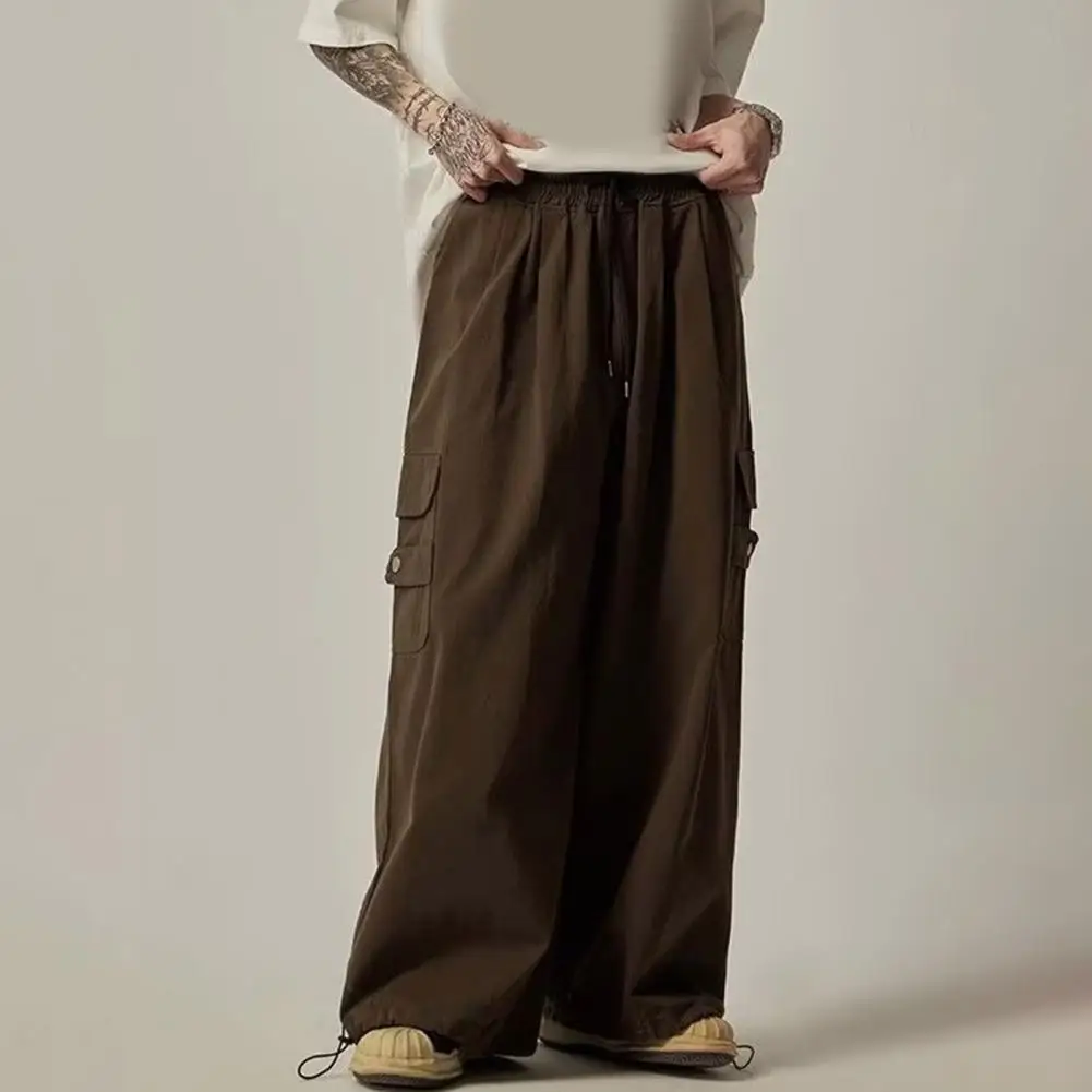 Men Casual Trousers Men's High Street Style Cargo Pants with Wide Leg Elastic Waist Featuring Multi Pockets Deep for Daily