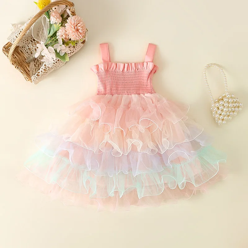 2026 Summer Girls Gradient Cami Dress, Layered Cake Tulle Tutu Gown, Stylish Kids Princess Outfit for
