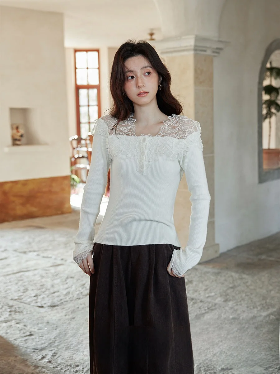 

Ele Lace Splice Knitted Sweater One oulder Design Unique Beau Spring New Arrival Women's Faion Casual V-ne Long S...
