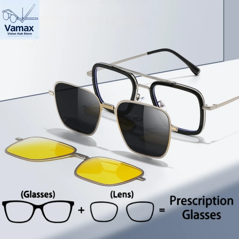 

VAMAX Fashion Men 1.1 Polarized Sunglasses Folding Magnetic Clip On Prescription Glasses With Night Vision Lens