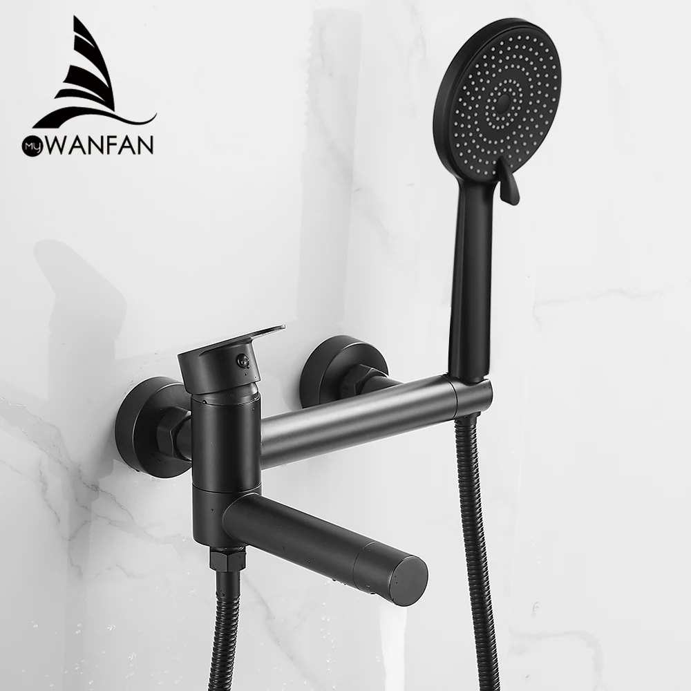 Shower Faucet Black Brass Wall Mount Bathtub Faucet Shower Square Style Handheld Single Handle Luxury Bathroom Mixer Tap 877910