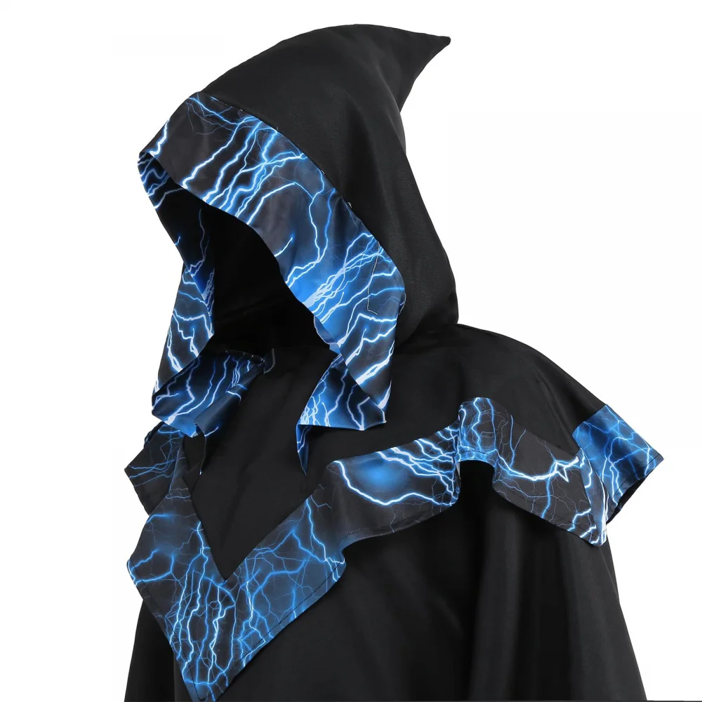 Mens Halloween Carnival Party Costume Medieval Sorcerer Robe Dark Wizard Cosplay Renaissance Vintage Hooded Cape Black Cloak