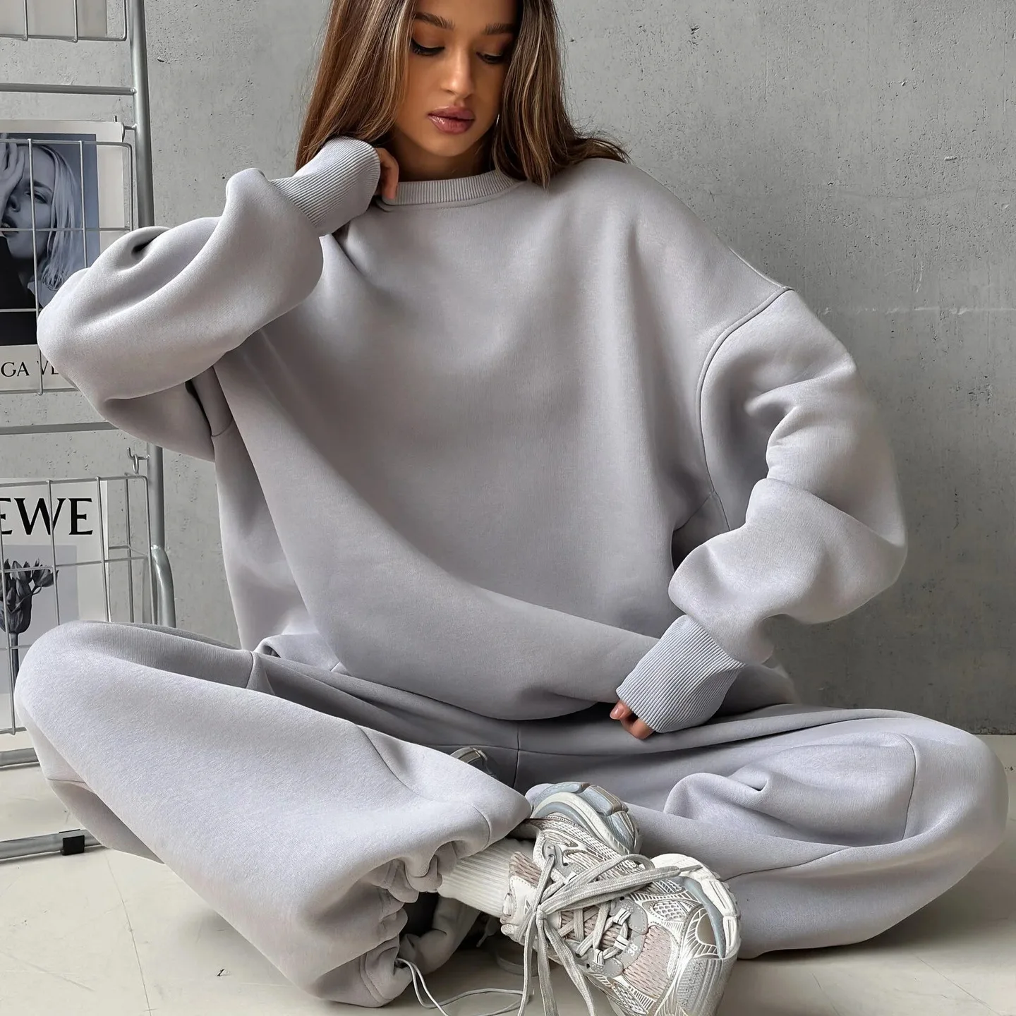 Set da donna casual Girocollo in puro colore Felpa taglie forti Pantaloni sportivi a gamba larga Set da due pezzi Street Style Comodo per il tempo libero