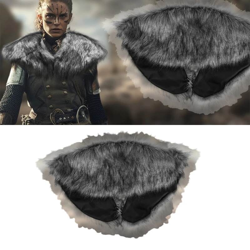 

E15F Medieval Knight Mantle Shoulder Wrap Halloween Renaissances Cosplay Costumes Women Men Vikinges Faux Furs Shawl