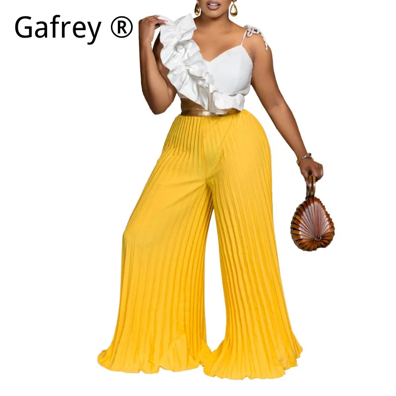 

Women's Sexy Ruffle Sleeveless Top Wide Leg Pants 2 Piece Set, 2026 New Fashion Casual Summer Matching Outfit Daily Wear