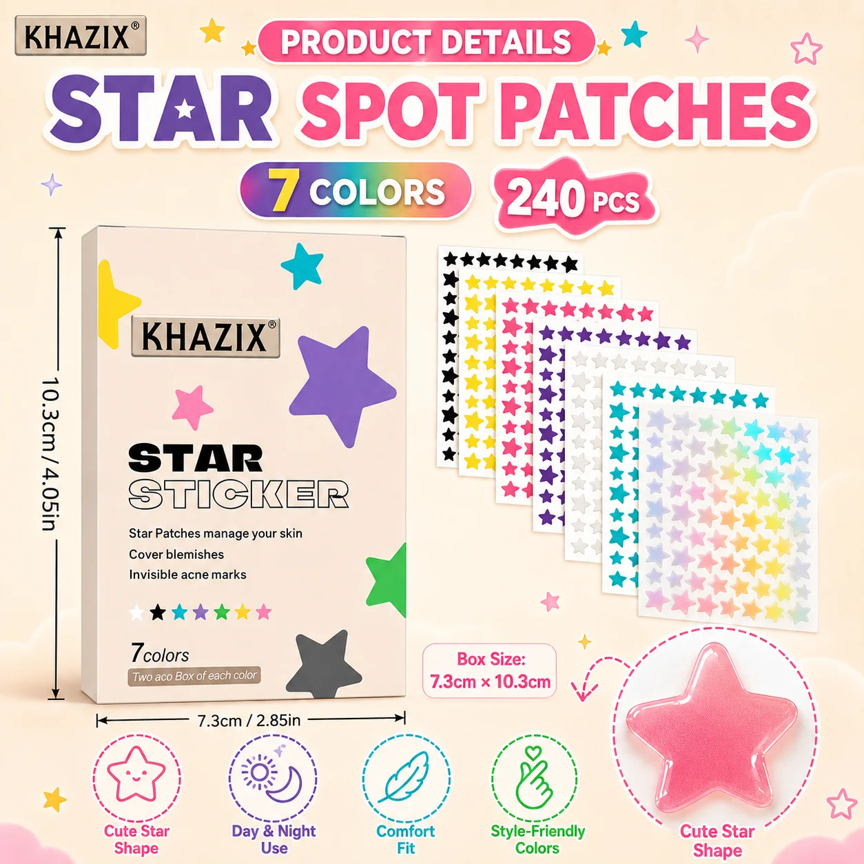 Multi-size, multi-color star-shaped acne patches—gentle and non-irritating, unisex design, perfect for travel