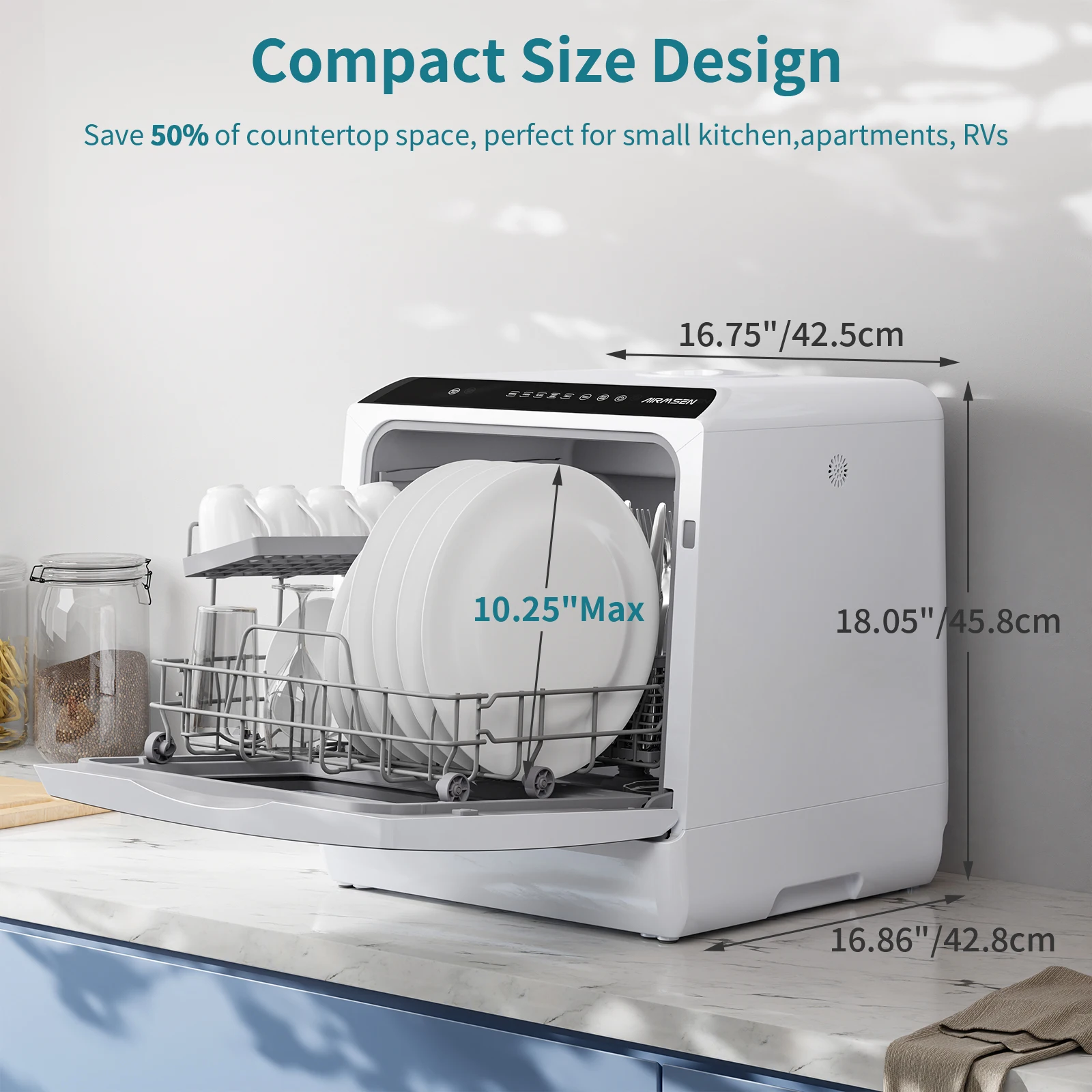 AIRMSEN Compact Mini Countertop Dishwasher – Portable with 5L Water Tank, 6 Wash Programs, Air Dry & 72-Hour Ventilation