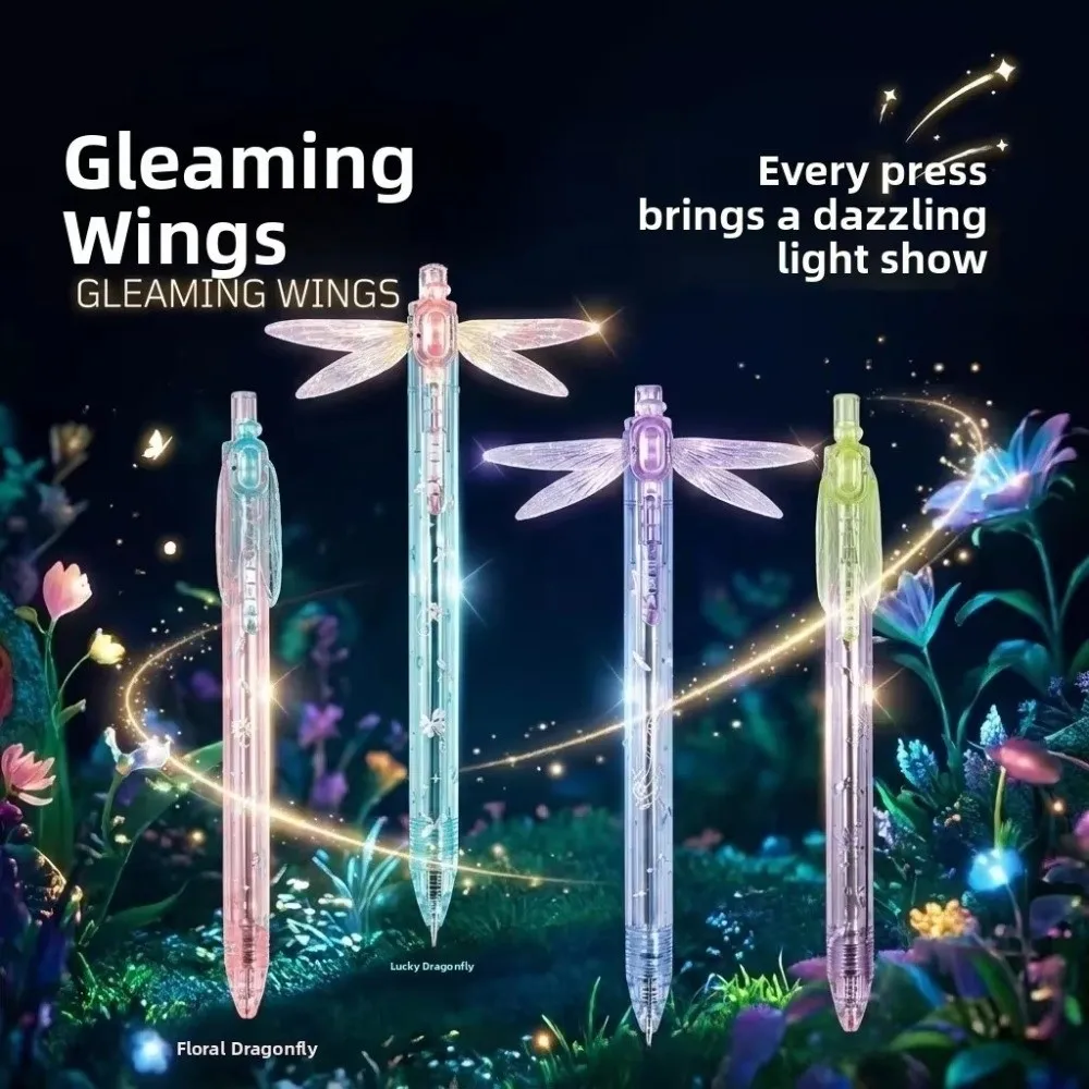 0.5mm Gleaming Wings Dragonfly Pen Retractable Quick Drying Dragonfly Pen with Moving Wings Smooth Writing Translucent Barrel