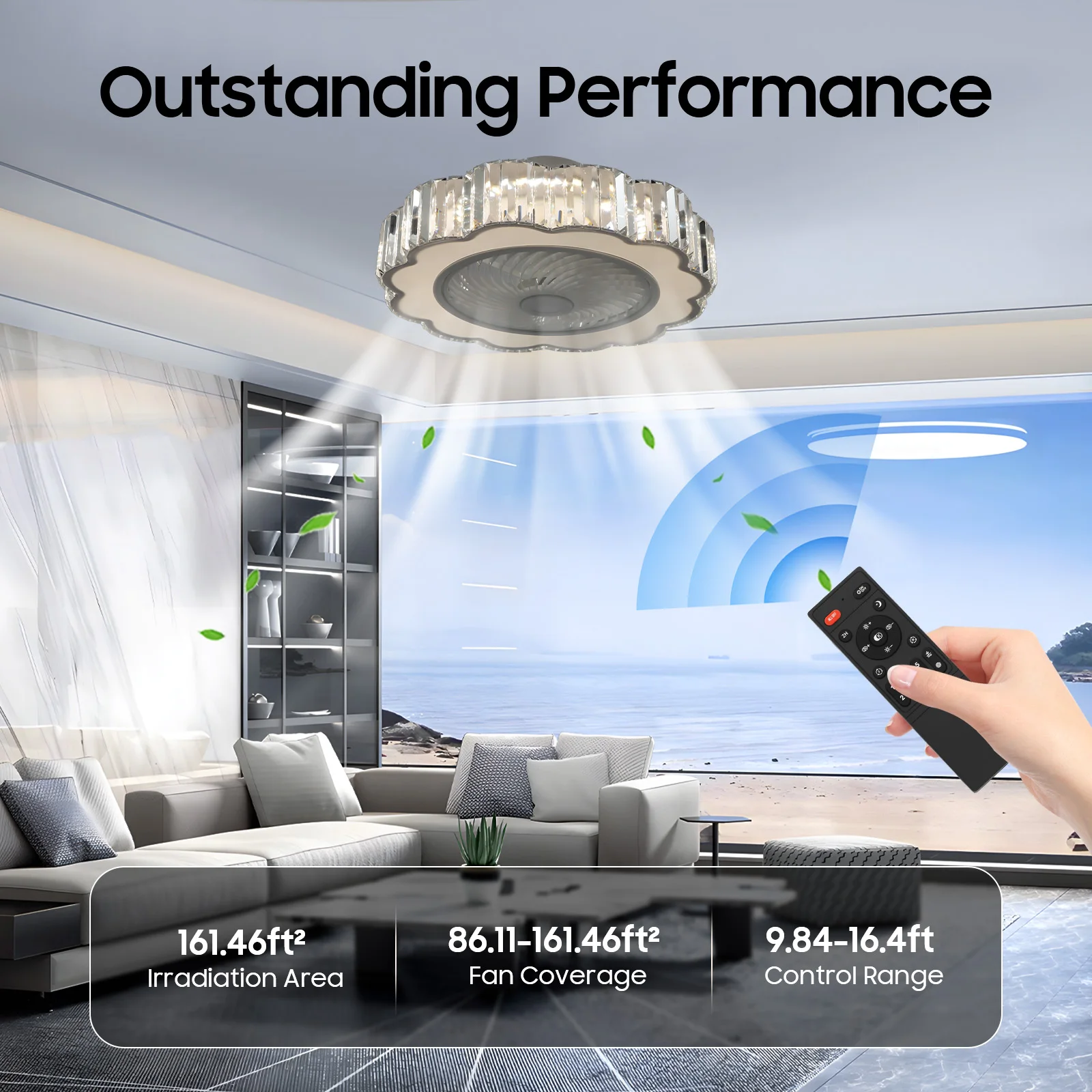 23in/6 Speed/3 Color Dimmable Ceiling Fan Light Remote Control  Reversible Hidden Blade 35dB Quiet Crystal Plum Blossom for Living Room Bedroom Dining Room
