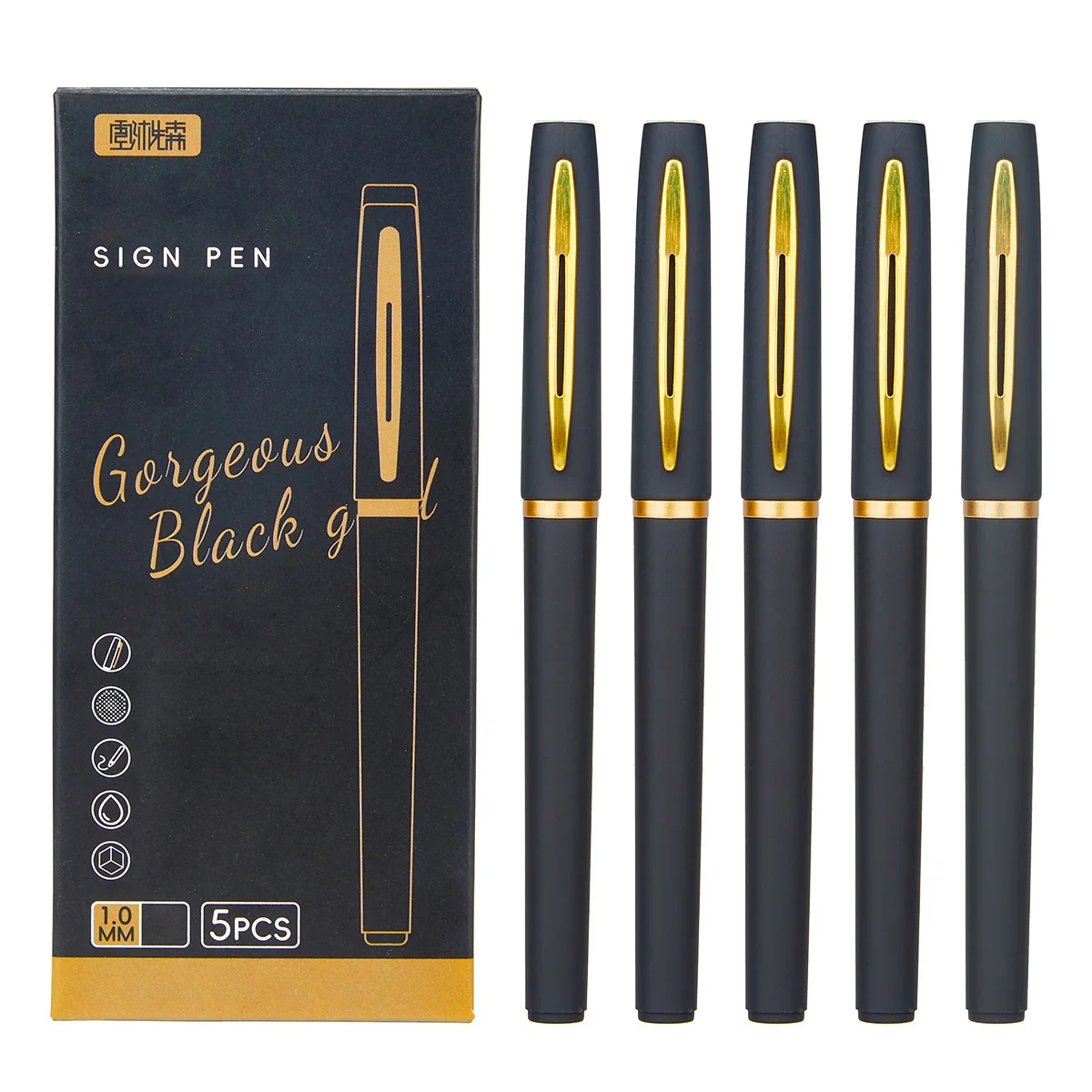 5pcs High-capacity Black and Gold Minimalist Metal Pen Clip, 0.5mm/0.7mm/1.0mm, Multiple Sizes Available, Black Ink Signature Pe
