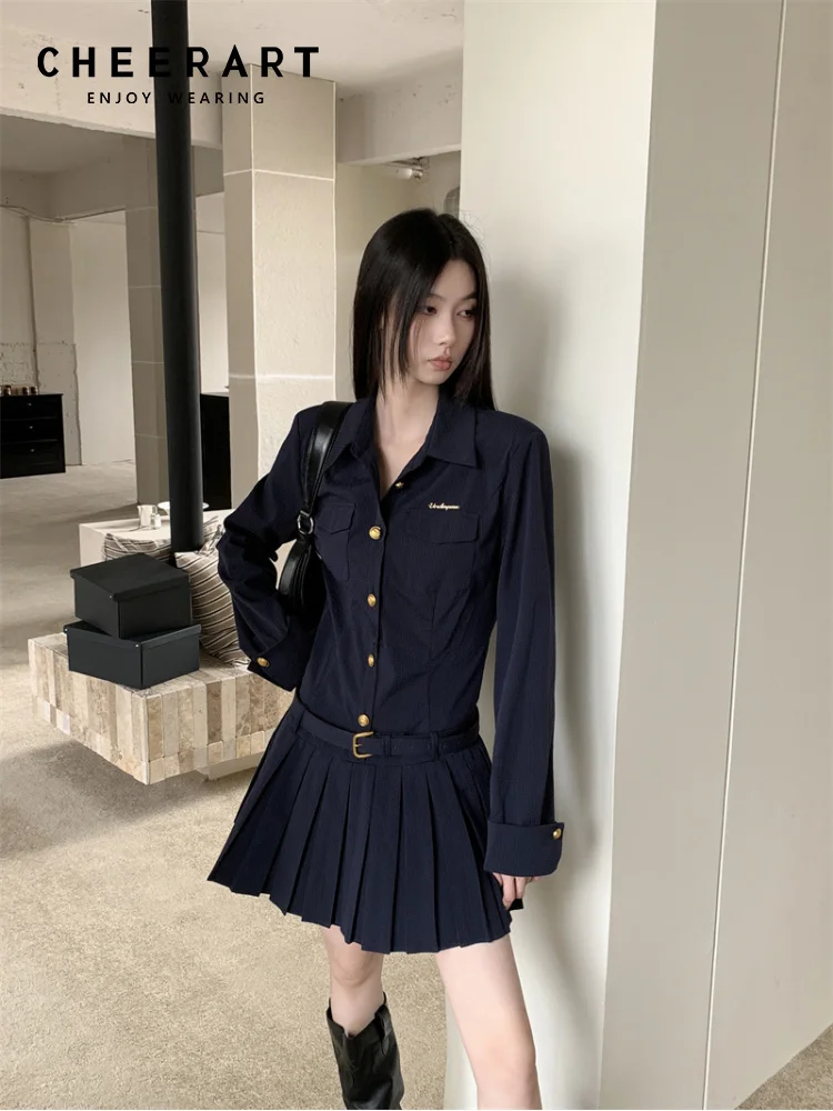 

CHEERART Preppy Navy Blue Long Sleeve Shirt Dress 2024 Women Autumn Pleated Button Collared Short Mini Dress Youth Clothing