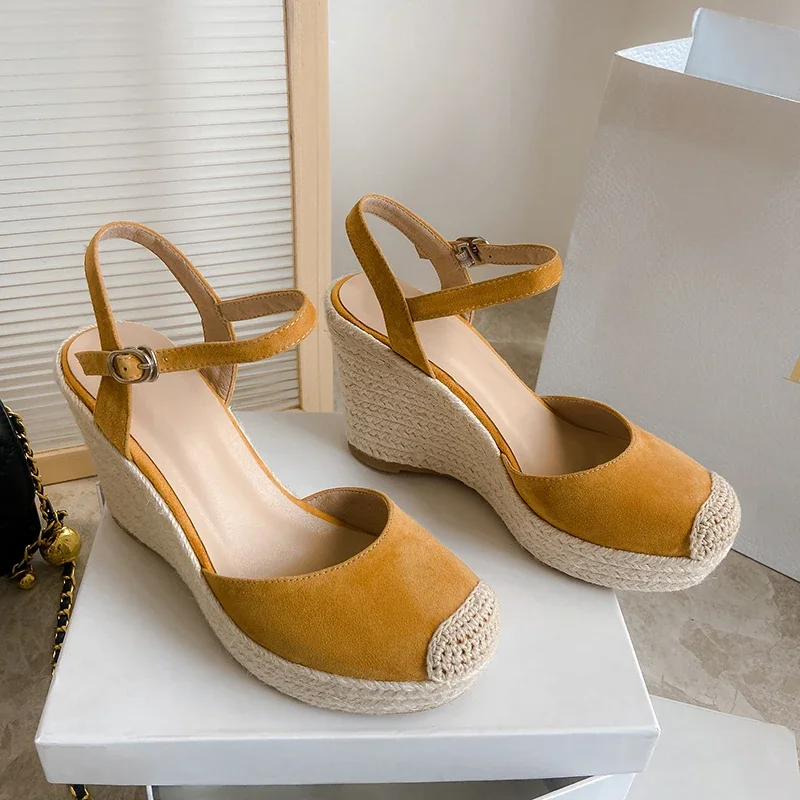 Sandalias de cuña de gamuza para mujer, sandalias con tacón de plataforma gruesa, sandalias elegantes de verano para mujer, sandalias de esparto con tacón alto de color albaricoque