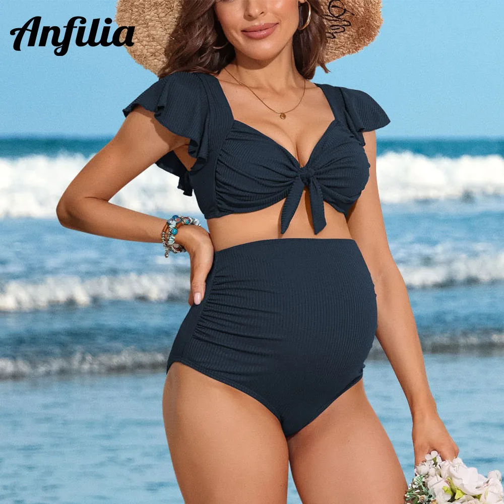 Anfilia Women Maternity Bikini Set Solid Ruffled Backless Bathing Suit Bandeau High Waist Elegant Pregnancy Swimwear