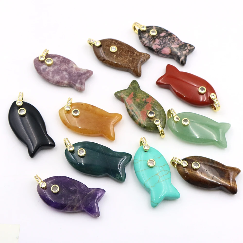 38mm Natural Stone Big Fish Pendant with White Zircon DIY Jewelry Making Charm for Necklace Bracelet Earrings Accessorie Finding