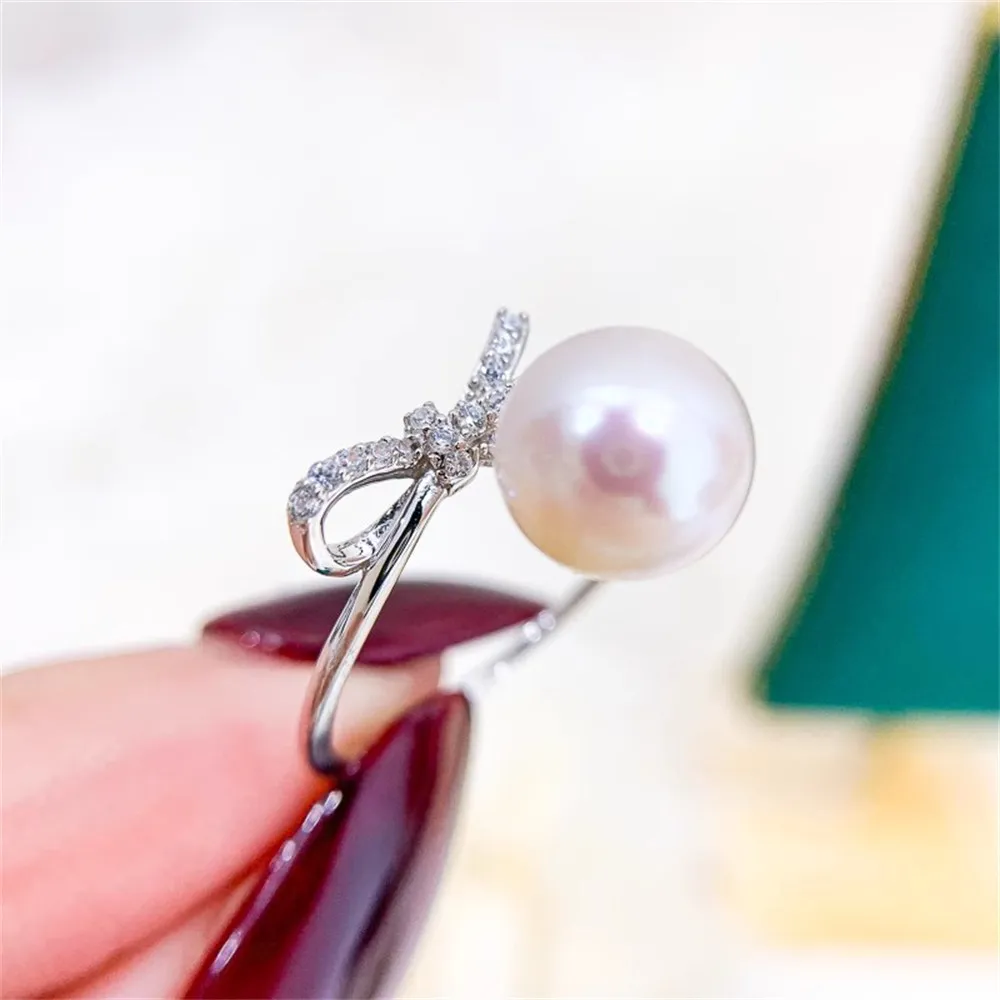 

S925 Silver Sterling Ring Inlaid Zirconia Half Hole Pearl Ring Base Resizable Design DIY Handmade Fine Jewelry Ring Accessories