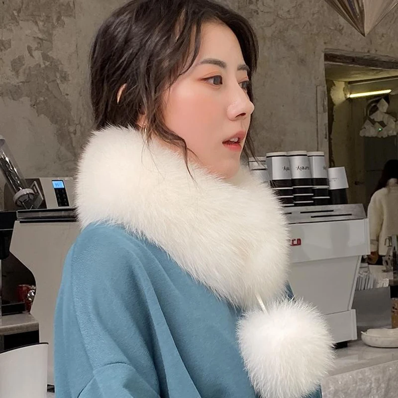 New Korean Style Real Fox Ring Scarf Winter Warm Real Fox Fur Women Scarves Novelty  Fox Fur Ball Decorative Women's Collar Shaw