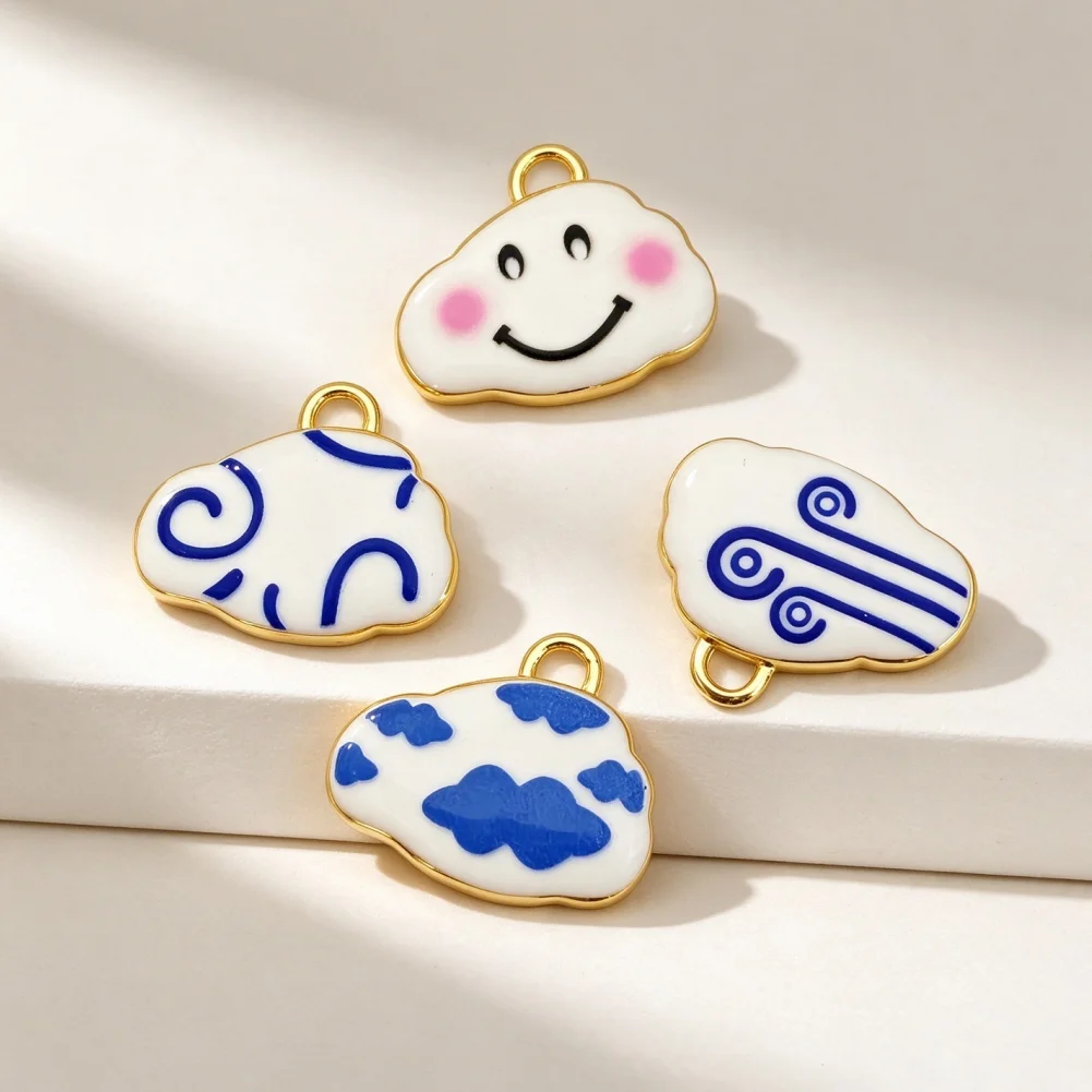 4Pcs Pendants Brass Enamel Cloud Shape Charms Plaid Smiley Face Cartoon Pattern Diy Jewelry Accessories Necklace Bracelet Making