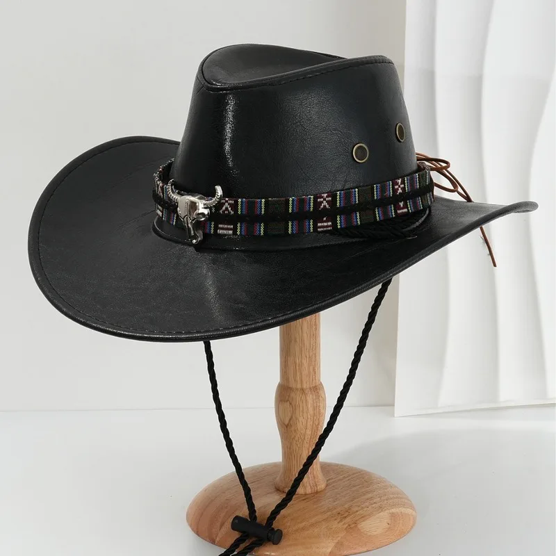 Men's and women's western cowboy , PU leather hats, metal three-dimensional bull head, colorful plaid accessories, sunshade