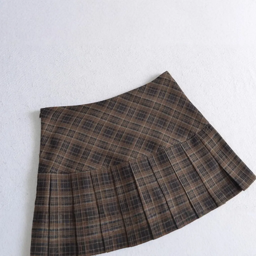 

Mermaid Vintage Plaid Sanding Pleated Skirt High Waist Anti-Slip Korean Style for Women Autumn Winter College Style