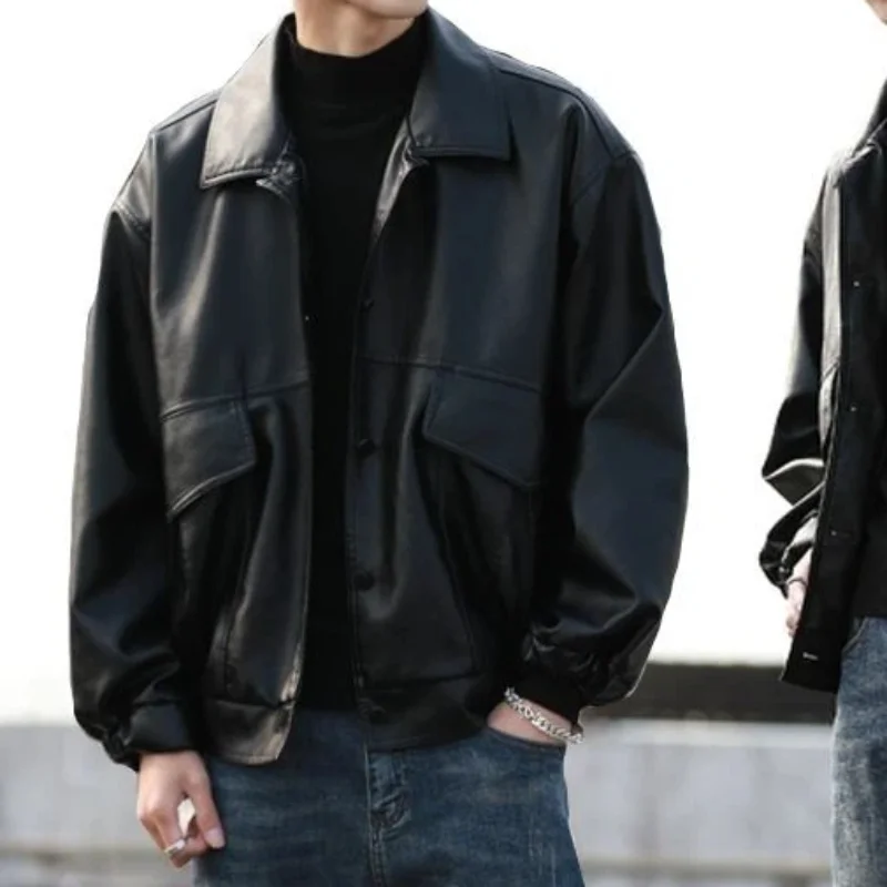 

Men's Loose PU Leather Jacket Fashion Pilot Coat Casual Black Lapel Biker Jacket with Pockets Trendy Streetwear Outerwear
