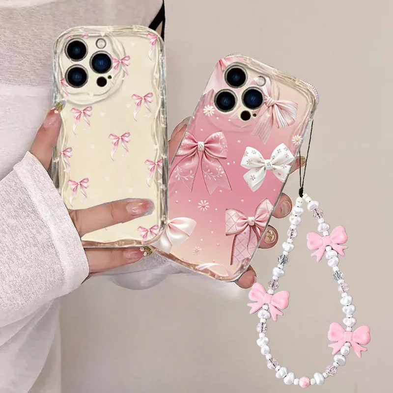 Phone Case For Samsung Galaxy S24 Ultra S23 S21 S20 FE S22 Plus A07 A06 A05S A04 A04E Cute Bowknot With Pink Bow Lanyard Cover