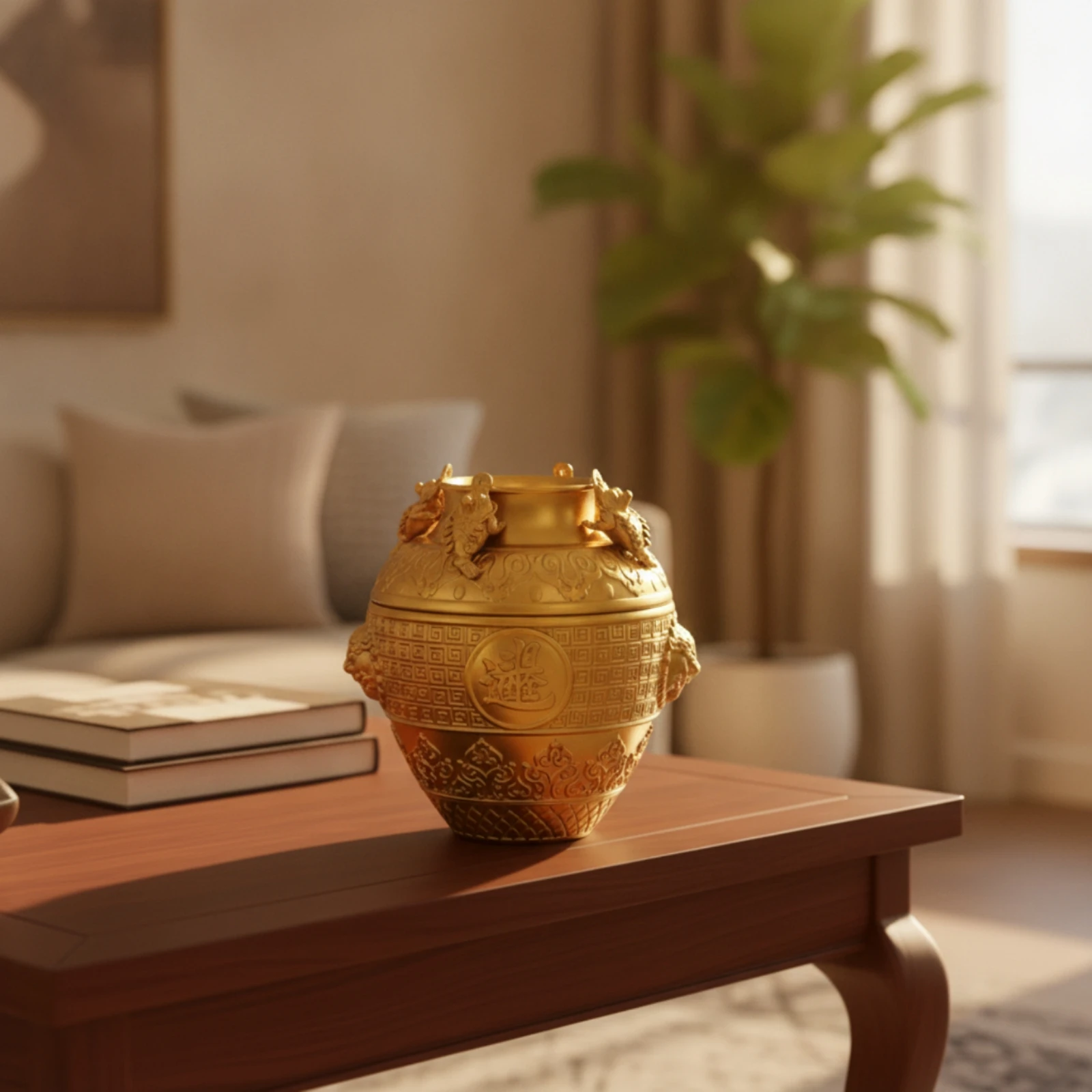 Brass Jar with Frog Figures Embossed Feng Shui Wealth Basin Vessel Traditional Figurine Compact for Homeowners, Display Shelf
