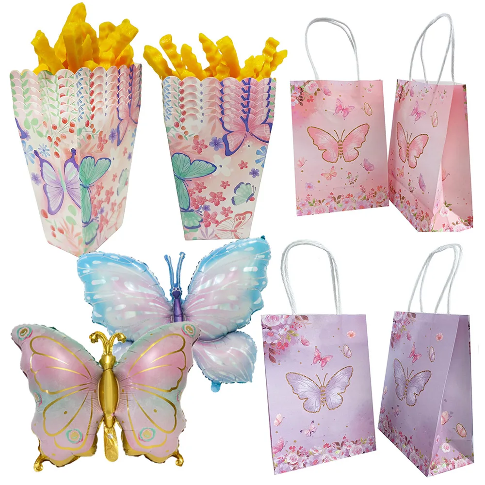 6Pcs Butterfly Popcorn Box Candy Gift Bags Butterfly Foil Balloons Butterfly Themed Girl Birthday Party Supplies Baby Showers