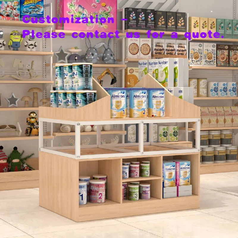 custom.Customized Maternal & Food Display Cabinet with Wall and Middle Island Racks Supermarket Use