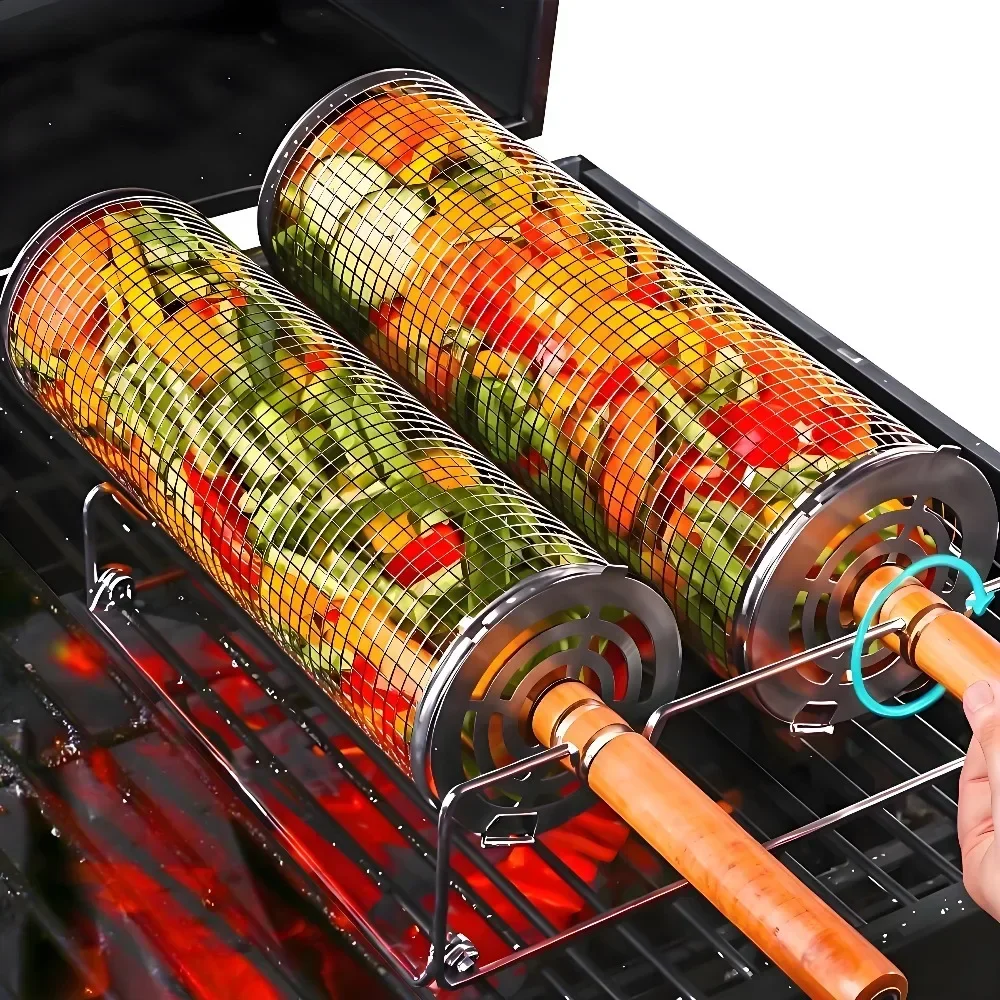 Nesting Barbecue BBQ Grill Baskets with Handles, 304 Stainless Steel, Rolling Grilling Net, 2Pcs BBQ Griller Accessories Tools