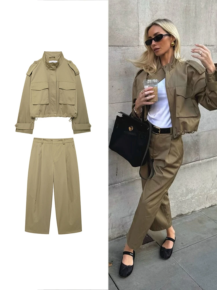 TRAF Women\'s Fashion Army Green Jacket Coat Two Piece Retro Lapel Pocket Trench Coat Autumn + Winter Casual Street Pants Set