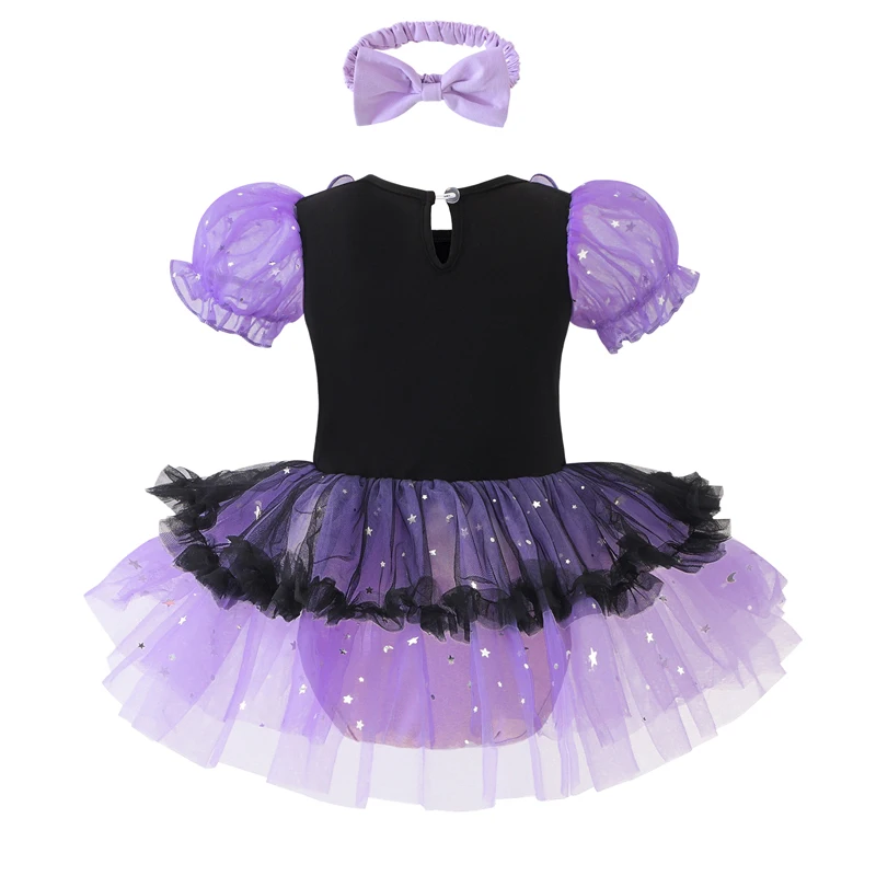 Girls Purple and Black Color Matching Princess Dress Kids Lace Embellished Bubble Crawl Costume Halloween Dress Up