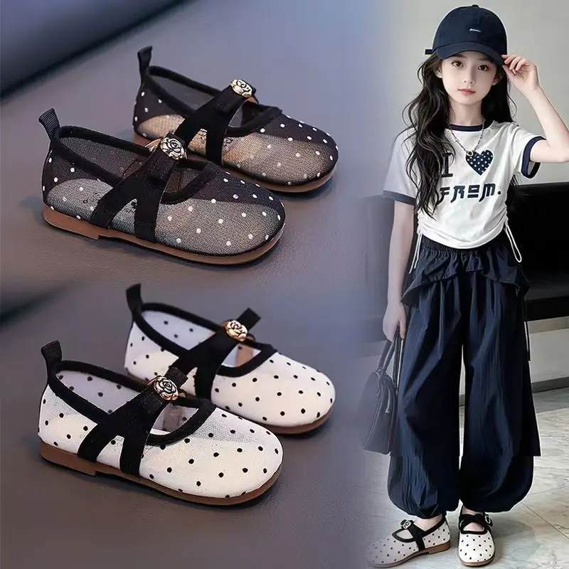

Girls' Polka Dot Mesh Flat Shoes Breathable Mary Jane with Rose Buckle Soft Non-slip Sole Kids Casual Party Daily Shoes