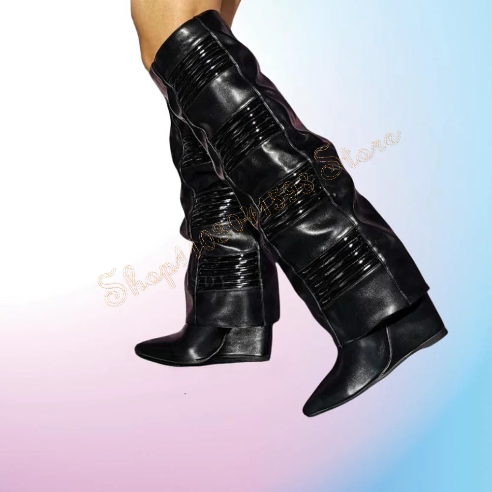 Black Pleated Boots Pointed Toe Knee High Wedges Heel Slip on High Heel Shoes for Women Heels 2024 New Zapatos Para Mujere