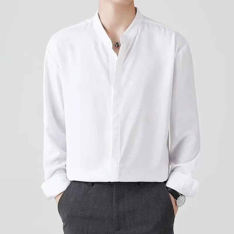 Men's Long-sleeved Shirt Spring and Summer High-end Draped Shirt Loose Stand Collar Concealed Button Simple Casual Jacket Thin