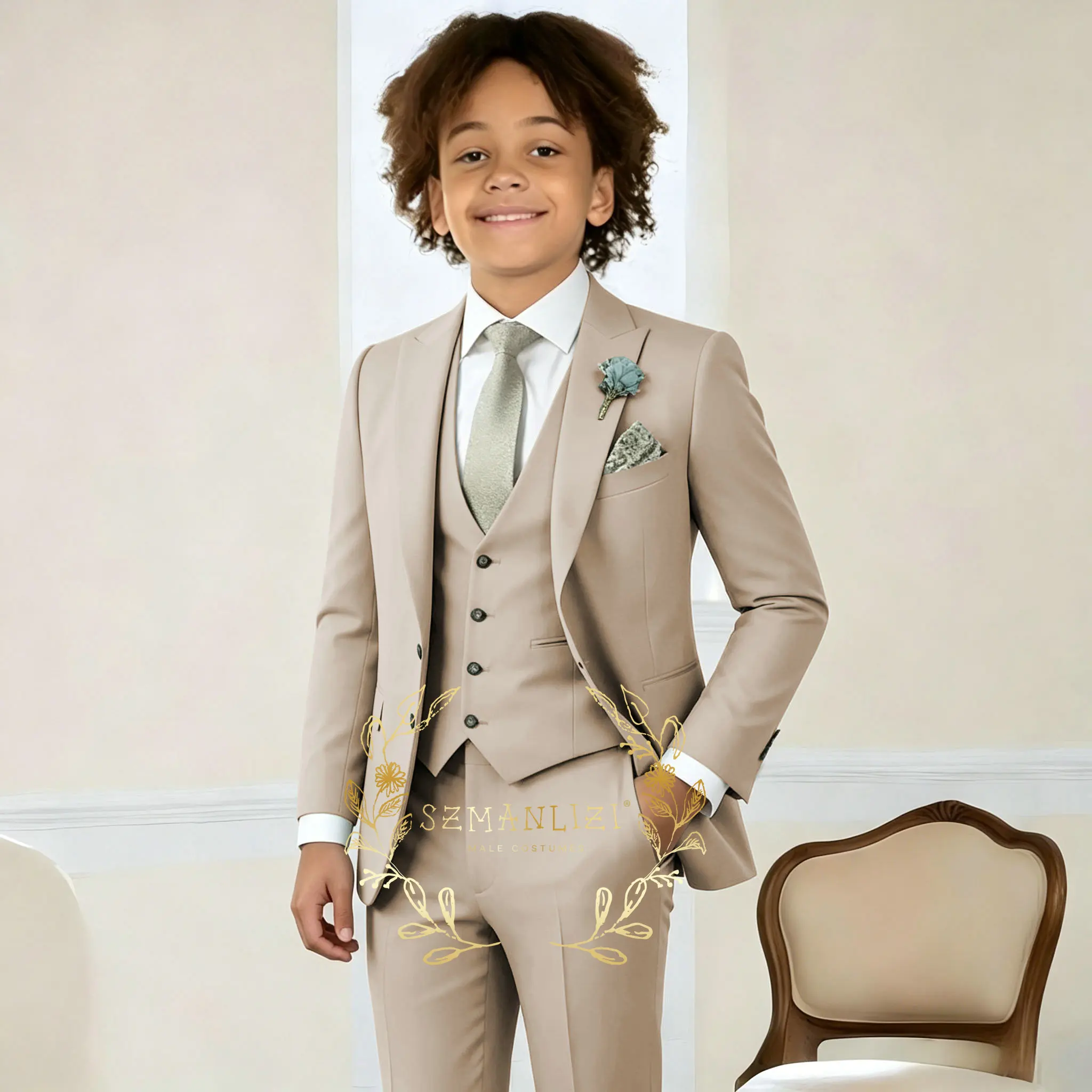 Formal Boys Suits 2-16 Years Old Wedding Light Green Jacket Pants Vest 3 Pieces Set Tuxedo Fashion Kids Peaked Lapel Child Suit