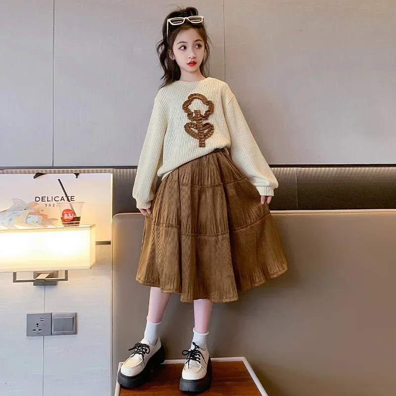 2023 Korean Spring Autumn School Girl 2-Piece Sets Elementary Girl Flower Knitted Sweater+Lace Skirt Set For Girls 4-12Yrs