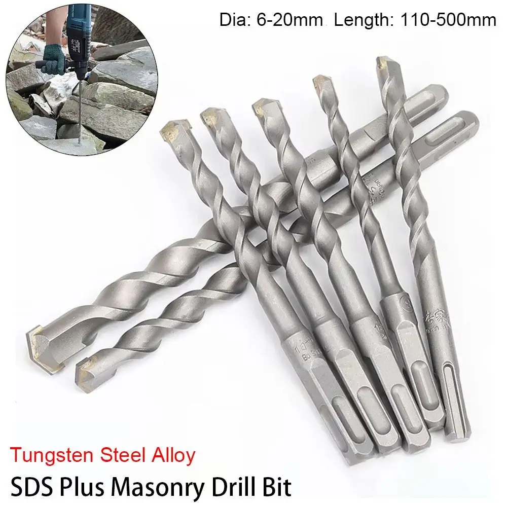 1Pcs Square Shank SDS Plus Masonry Drill Bit 6-20mm Carbide Tipped Carbide Concrete Drill Bit Twin Spiral 110-500mm