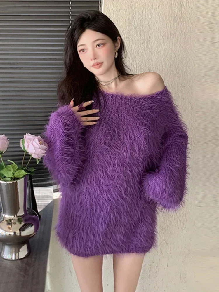 Ezgaga Sweater Women Off Shoulder Lantern Sleeve Slash Neck Knitted Tops Loose Furry Pullover Fashion Sexy Ladies Jumper