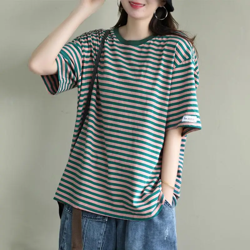 

Vintage Plus Size Striped T Shirts Summer New Short Sleeve Loose Casual All-match Youth Tops Tees Casual Fashion Women Clothing