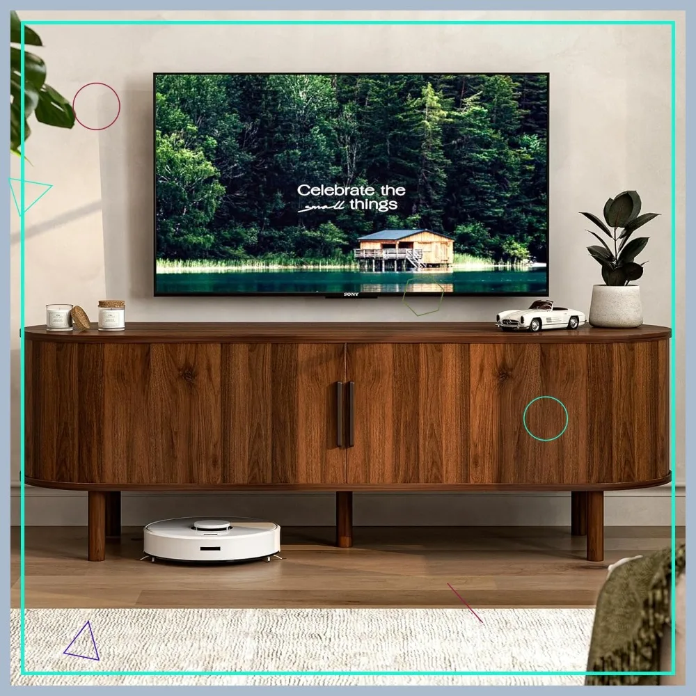 Modern Walnut TV Stand for 60-Inch TVs, Sliding Doors, Adjustable Shelf, Entertainment Center Storage for Living Room or Bedroom